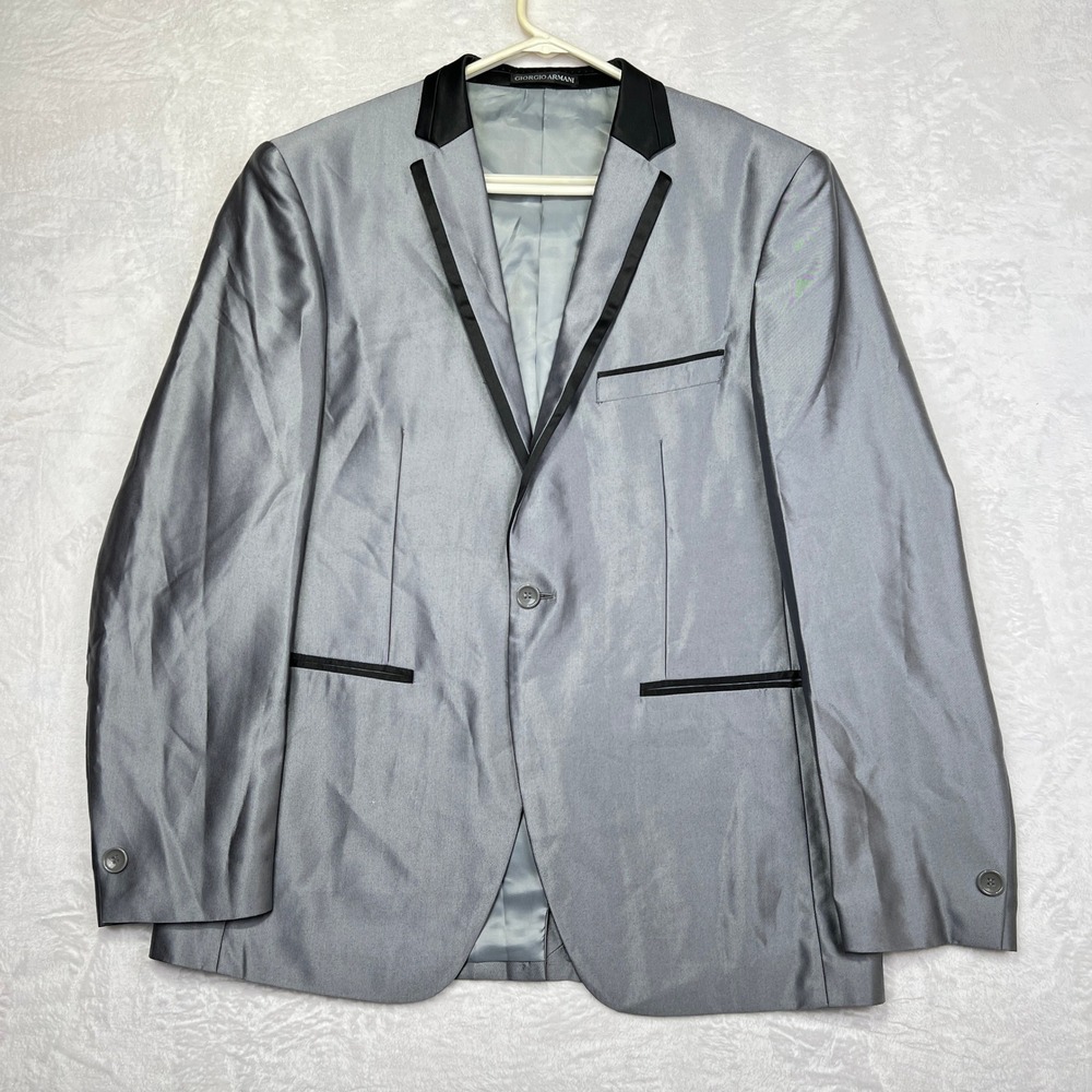 Giorgio Armani Tuxedo Suit Men 54/38 Silver 100% Wool Black Satin Trim Formal